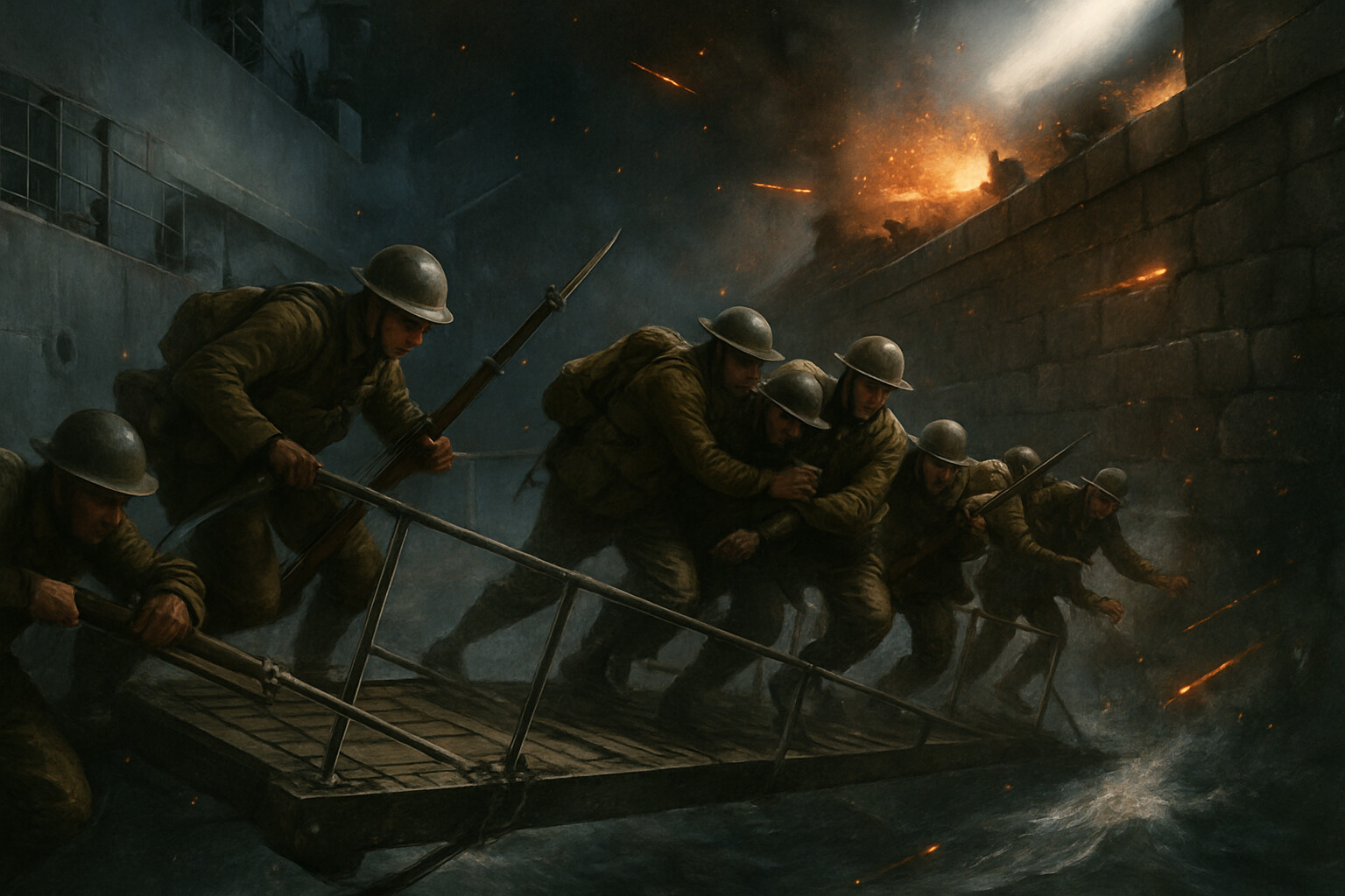 Royal Marines crossing the brows from Vindictive onto the Zeebrugge Mole under fire, the gangways swinging in the swell
