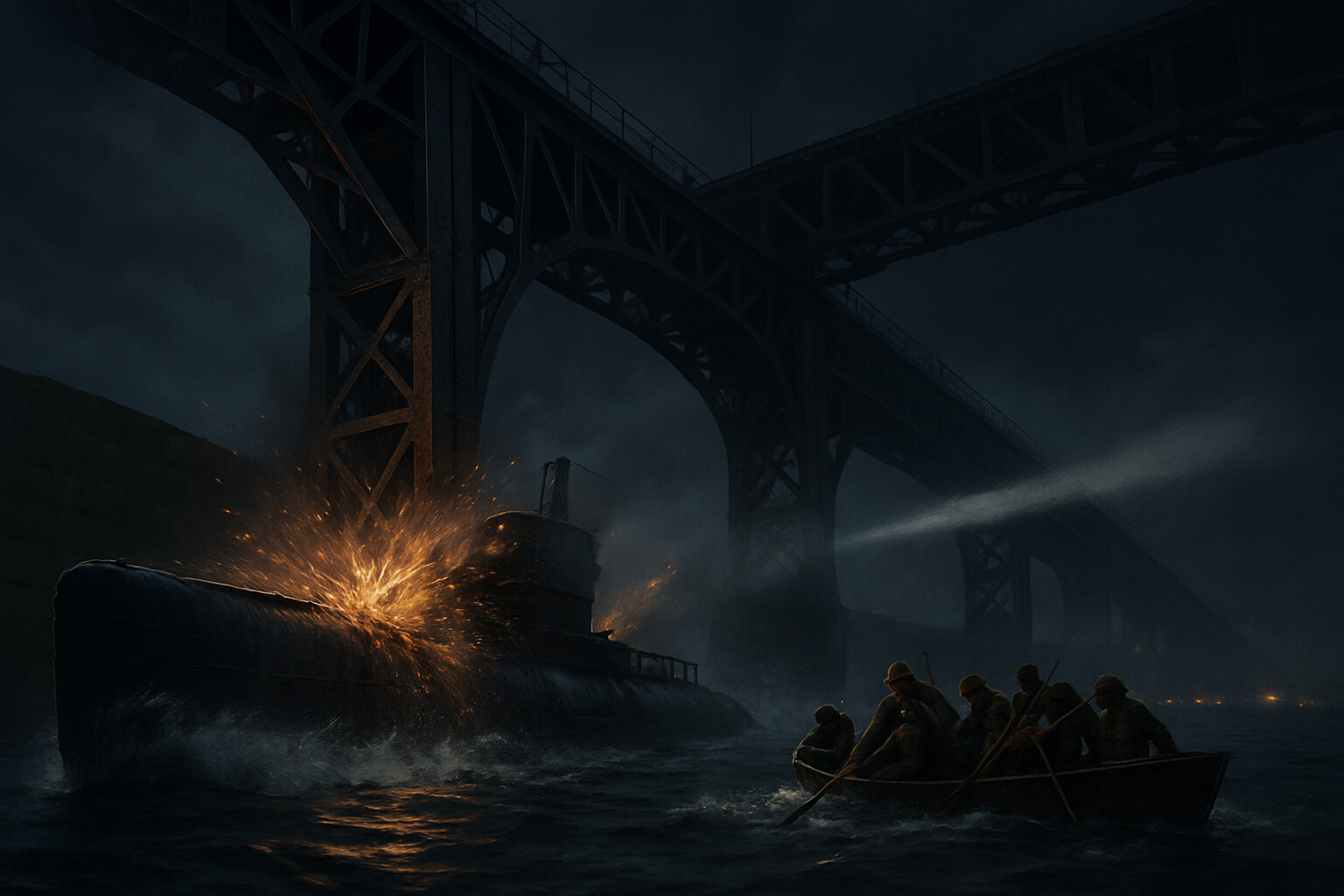 Submarine C3 being driven into the steel lattice viaduct at night, moments before detonation, with the small evacuation skiff pulling away