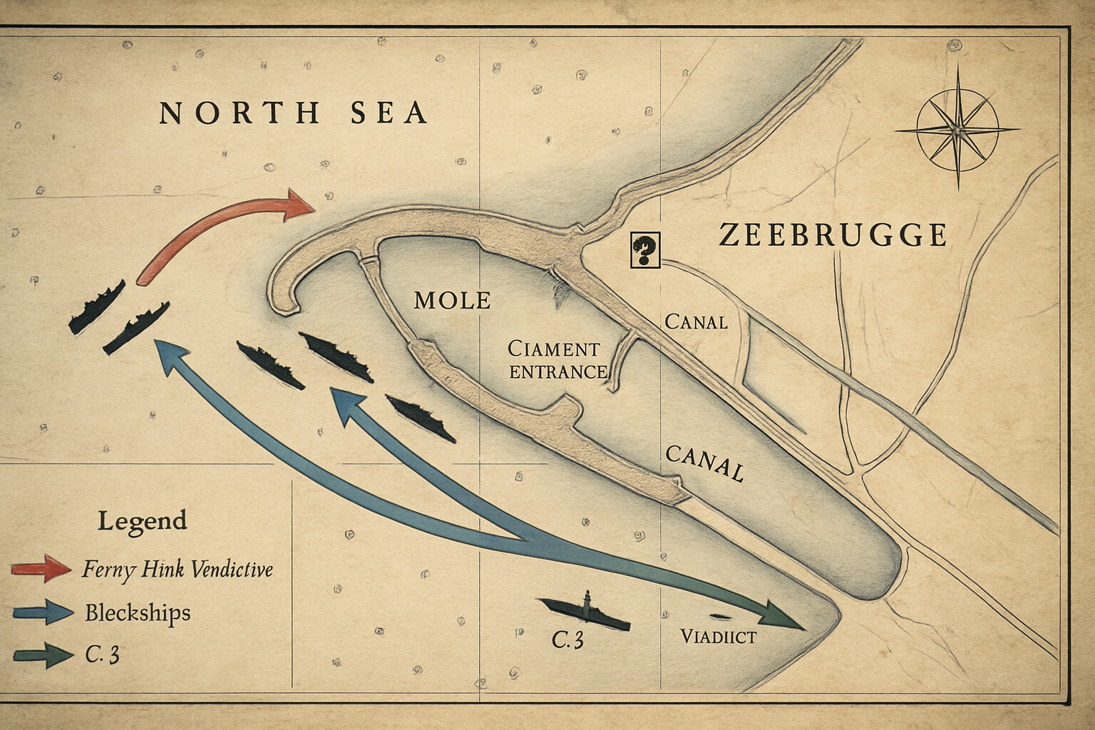 Tactical map and route diagram of the Zeebrugge Raid showing the Mole, canal entrance, blockship approach, fleet positions, and C3 route