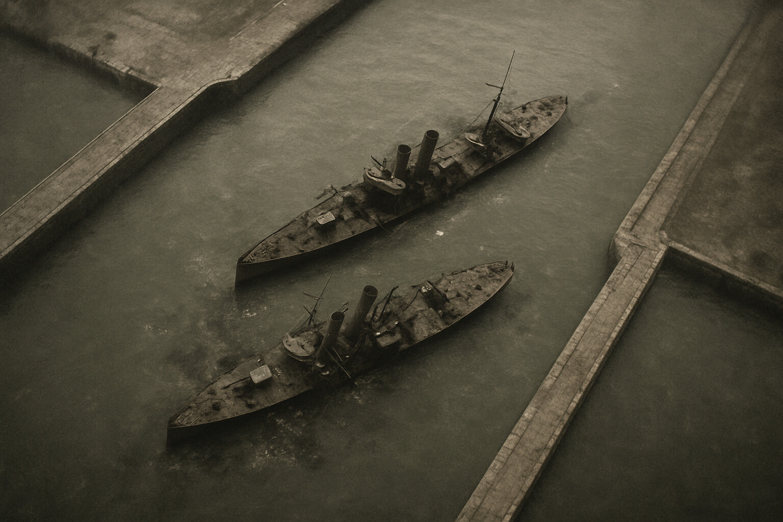 Aerial photograph perspective showing the scuttled blockships in the Zeebrugge canal entrance the morning after the raid