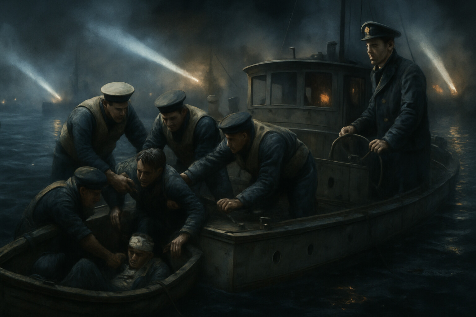 Motor launch crew recovering wounded blockship survivors from the harbor under fire in the chaotic final minutes of the operation