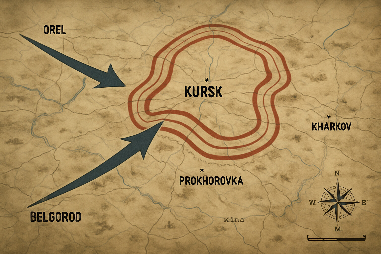 Map/Strategic panel: The Kursk salient from above — a bird's-eye view showing the westward-bulging Soviet lines, the German pincer approach routes from north and south, the layered Soviet defensive belts, and key locations including Kursk, Prokhorovka, Orel, and Belgorod.