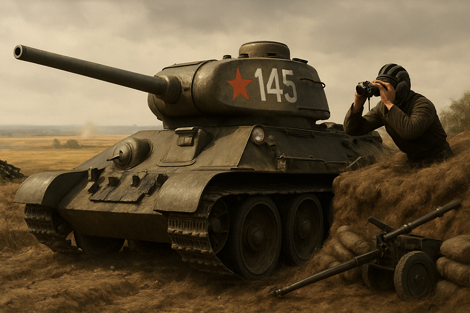 Equipment breakdown panel: A Soviet T-34 Model 1943 tank in a hull-down defensive position in the Kursk salient, its gun aimed toward an approaching German formation. The image shows the tank's distinctive sloped armor and silhouette in detail.
