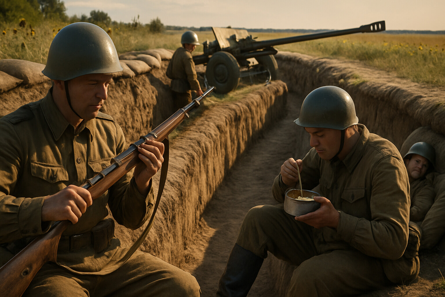 Intimate human scene: Soviet soldiers — infantry and anti-tank gun crews — occupying the defensive trenches of the Kursk salient in the days before the German offensive, resting, maintaining equipment, aware that something enormous is coming.