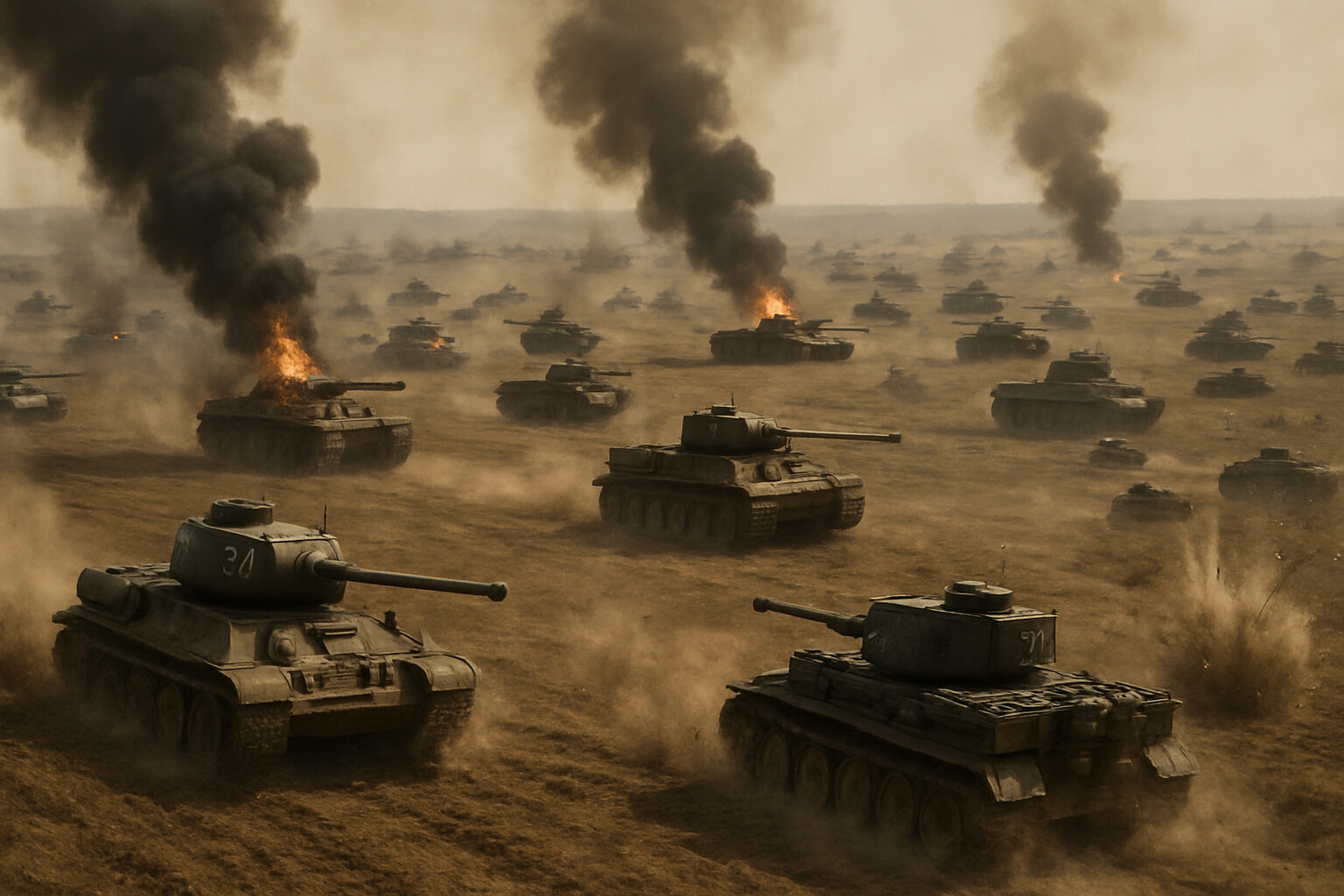 Action/Prokhorovka panel: The July 12 armored engagement at Prokhorovka — Soviet T-34s and German SS Panzer vehicles engaged at close range in churning dust and smoke, the chaos and violence of the largest armored clash of the battle.