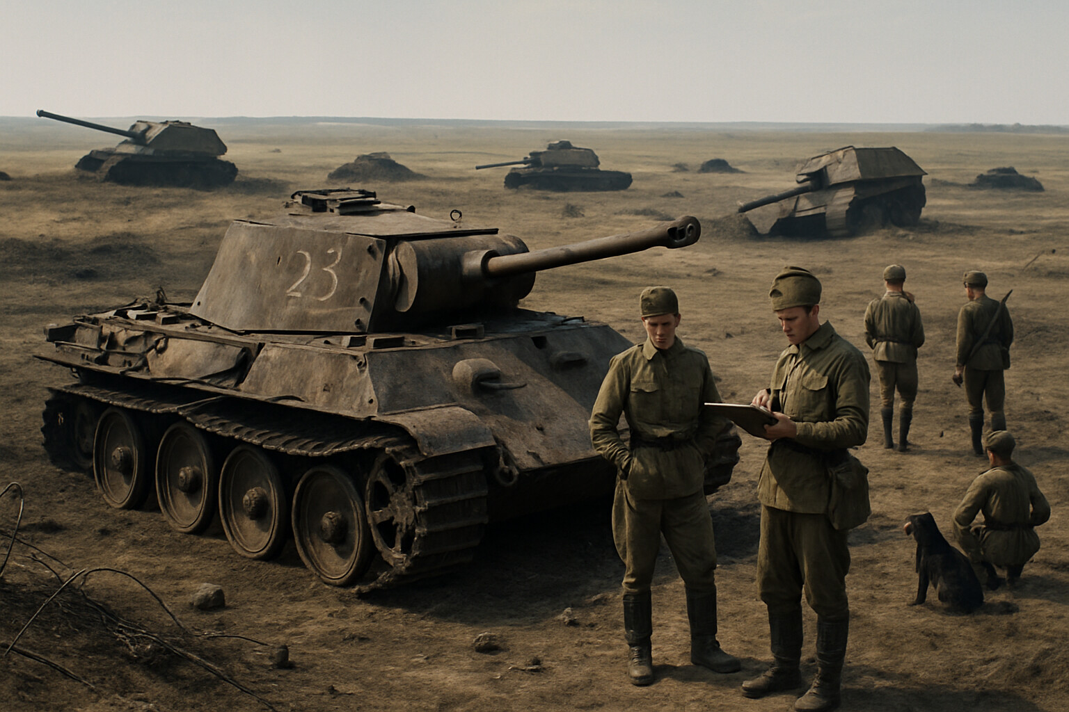 Aftermath/record scene: The Kursk battlefield in the days after the fighting — burned-out German and Soviet tanks scattered across the steppe, with Soviet recovery crews beginning to document and salvage the wreckage.