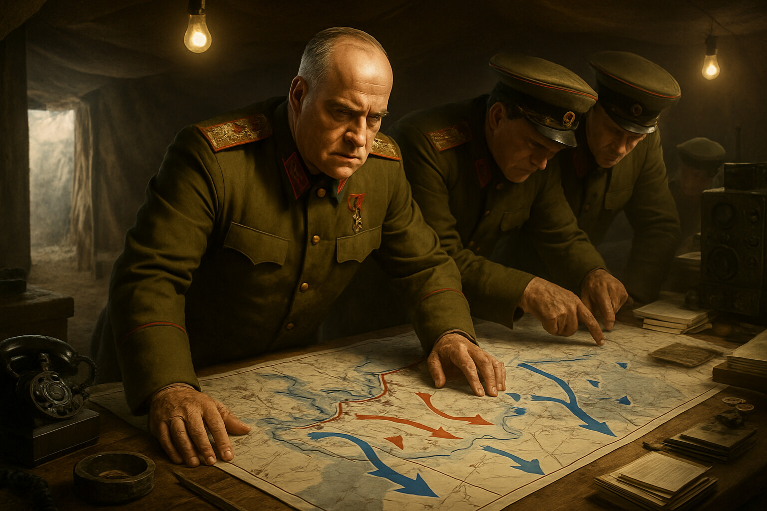 Legacy/Command panel: Marshal Zhukov at a field command post in the Kursk area, studying maps with other Soviet commanders — the controlled, analytical posture of the man who shaped the defense that changed the war's direction.